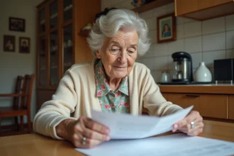 Femme âgée lisant une lettre dans sa cuisine chaleureuse