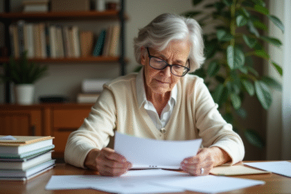Femme senior lisant des documents officiels à la maison