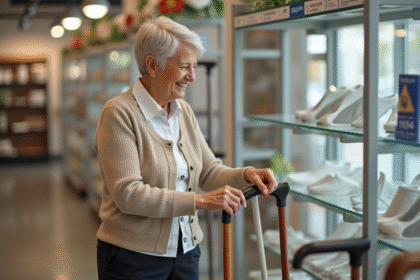 Femme senior choisissant une canne dans un magasin de soins