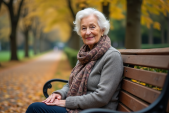 Femme senior souriante dans un parc automnal
