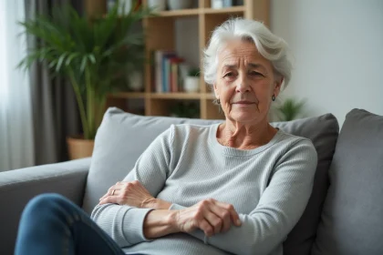 Femme senior se grattant le bras dans un intérieur cosy