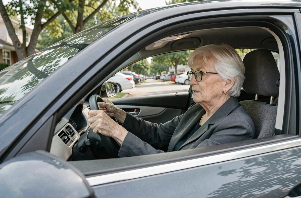 Femme senior de plus de 70 ans au volant de sa voiture symbolisant l'autonomie et la liberté de circuler
