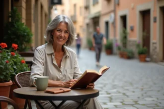 Femme de 50 ans en voyage solo savourant un café en terrasse dans un village européen ensoleillé, carnet de voyage posé sur la table
