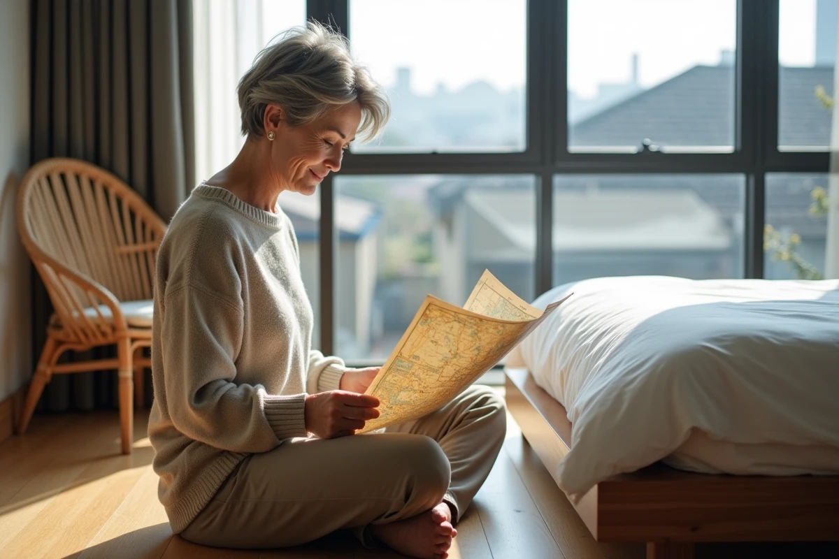 Femme de 55 ans en voyage solo dans une chambre d'hôtel minimaliste en Asie, consultant une carte papier avec curiosité et sérénité