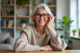 Femme souriante ajustant ses lunettes dans un salon lumineux