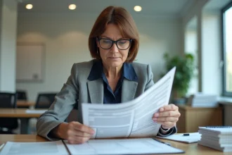 Femme d'âge moyen examinant des documents officiels et une grille AGIR