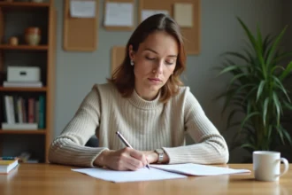 Femme d'affaires remplissant des papiers à la maison