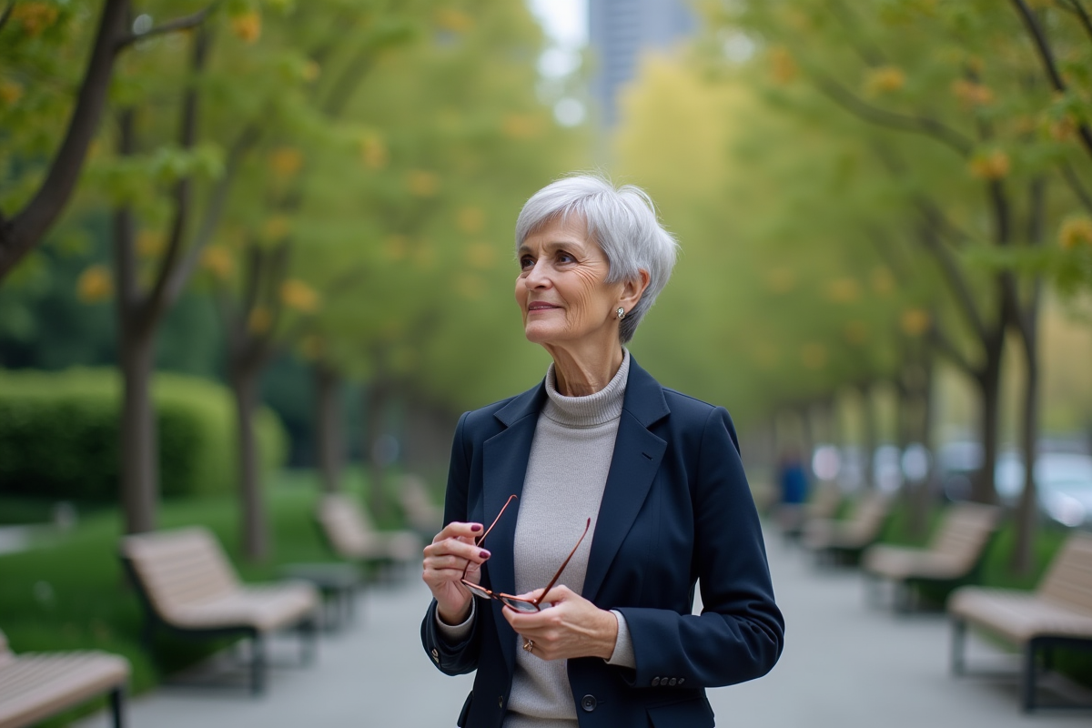 Femme sophistiquée dans un parc urbain verdoyant