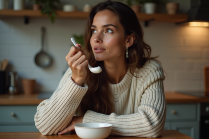 Femme dans sa trentaine mangeant du yogourt dans une cuisine chaleureuse
