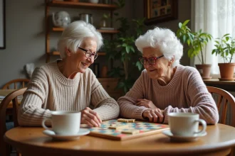 Deux femmes âgées jouant au Scrabble ensemble autour d'une table en bois, illustrant les bienfaits des jeux de société pour prévenir le déclin cognitif