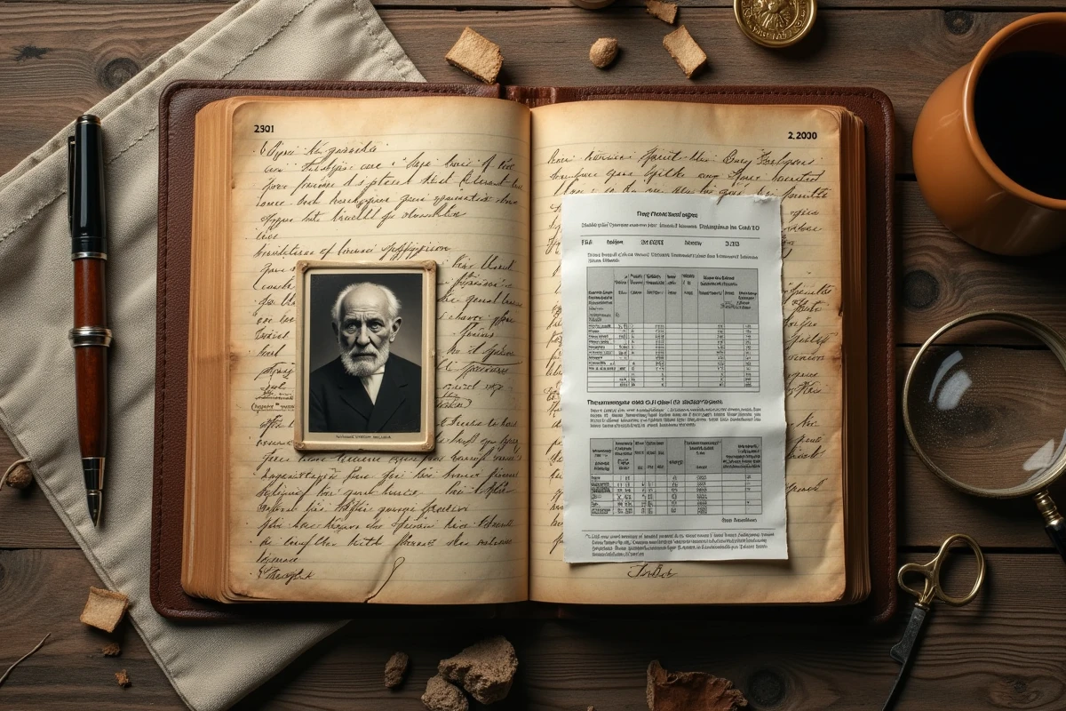 Vue du dessus d'un registre ancien ouvert avec une photo noir et blanc, une loupe et des documents officiels évoquant une enquête sur l'âge record humain