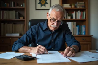 Gendarme retraité en civil examinant des documents de pension à son bureau à domicile
