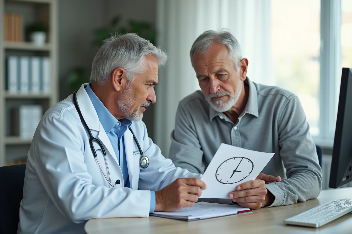 Médecin gériatre analysant le résultat du test de l'horloge avec un patient âgé en consultation gériatrique