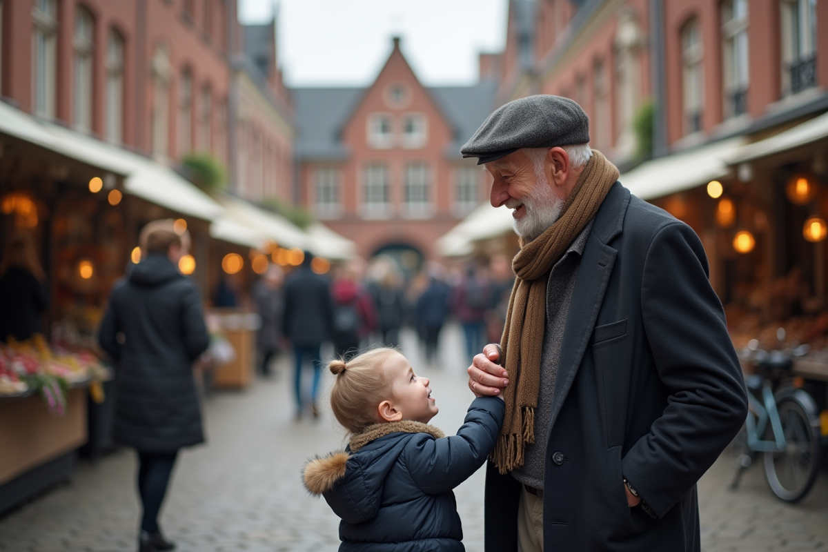 Grand-père belge avec enfant dans une place historique