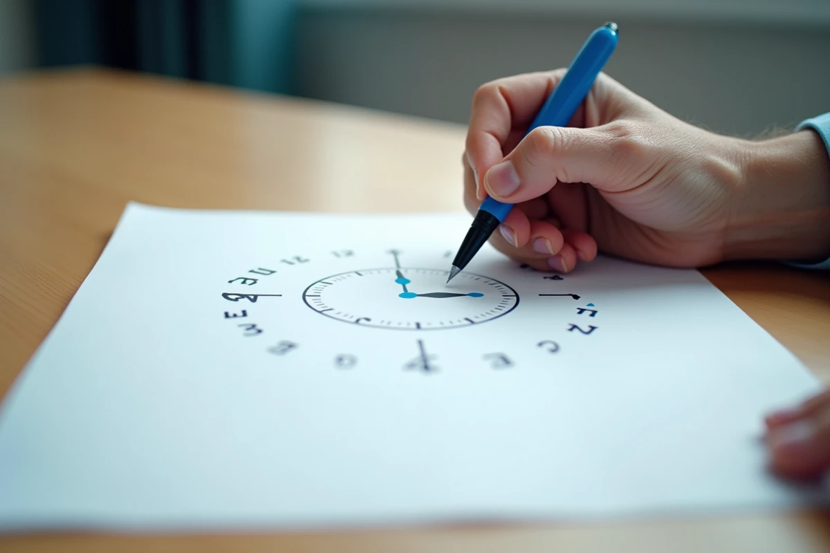 Gros plan d'un dessin de test de l'horloge réalisé par un patient âgé sur feuille blanche, outil d'évaluation cognitive utilisé en gériatrie