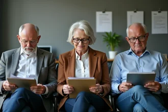 Trois adultes en attente dans une agence d'emploi