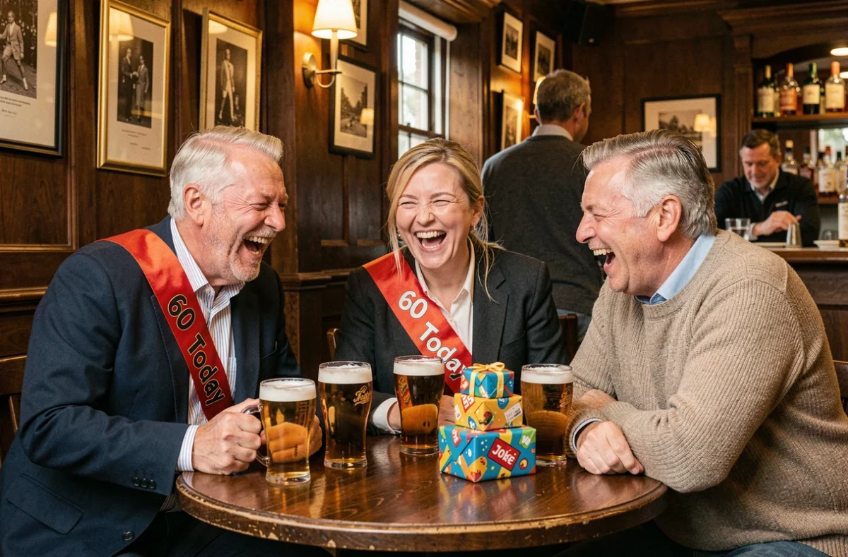 Groupe d'amis célébrant les 60 ans avec humour autour d'une table de pub avec cadeaux et accessoires festifs