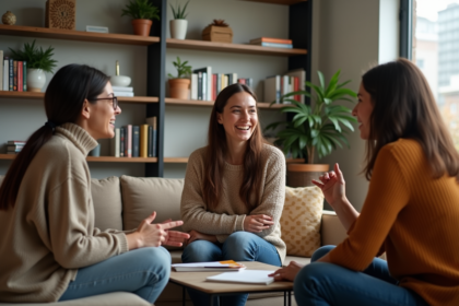 Groupe d'amis discutant dans un salon chaleureux