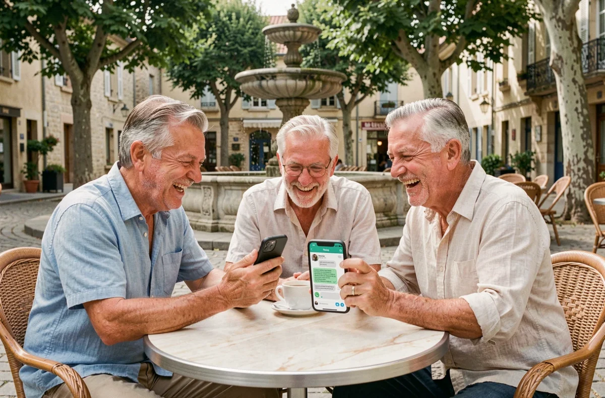 Groupe d'amis retraités hilares devant un message WhatsApp en terrasse de café français