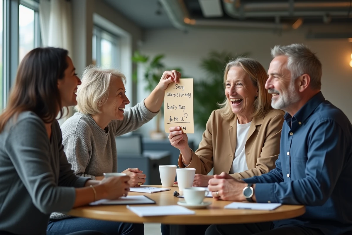 Groupe de collègues discutant du ton à adopter pour un mot de départ à la retraite autour d'une table