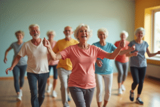 Groupe de seniors dansant joyeusement dans une salle moderne