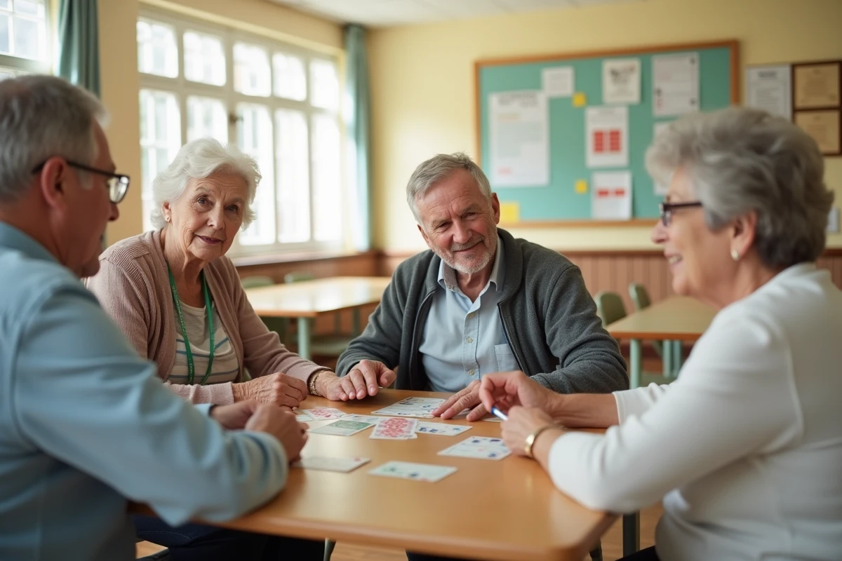 Groupe de personnes âgées jouant aux cartes dans un centre communautaire, activité stimulante pour maintenir la mémoire et les fonctions cognitives
