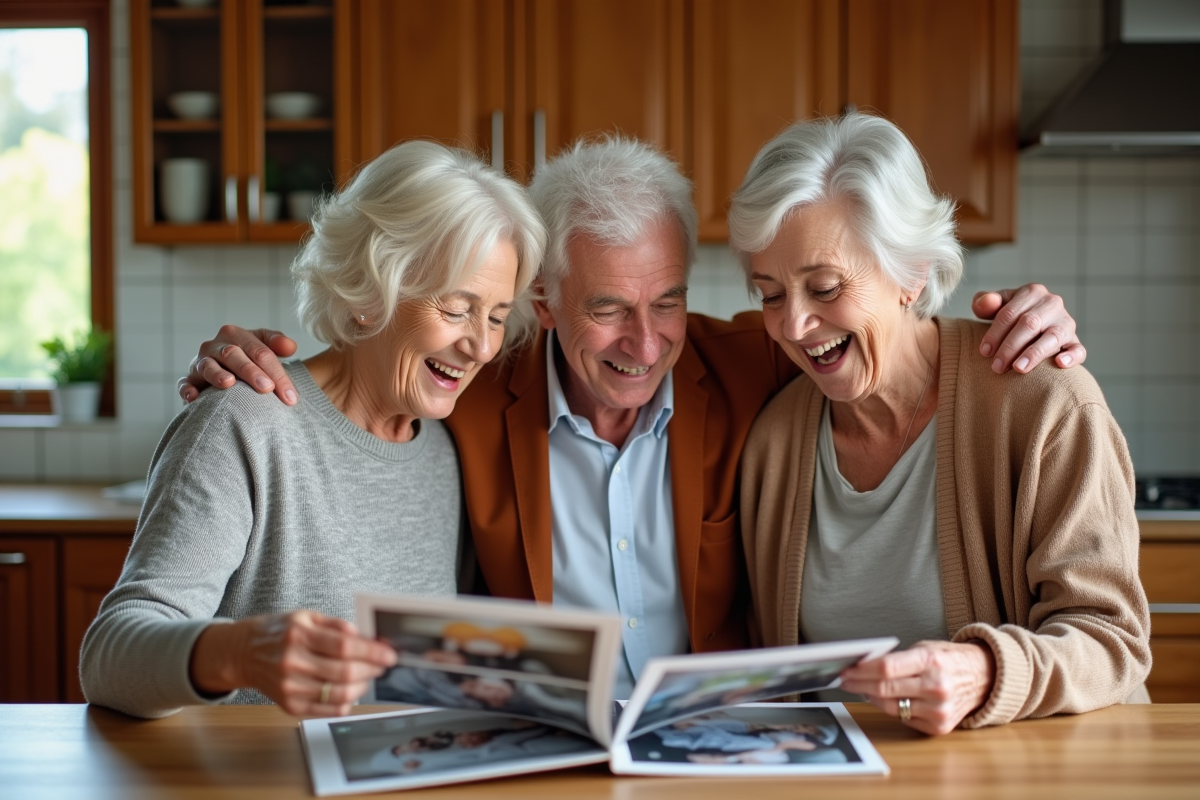 Groupe de seniors riant en regardant un album photo