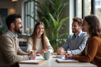 Groupe de quatre adultes en réunion de travail en bureau