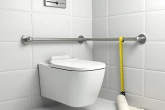 Barre de maintien PMR installée à hauteur réglementaire à côté d'un WC suspendu avec mètre ruban et plan technique visible
