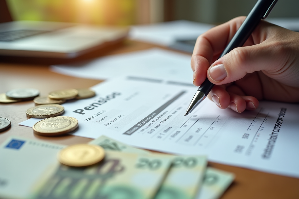 Main utilisant un stylo sur un relevé de pension avec pièces et billets