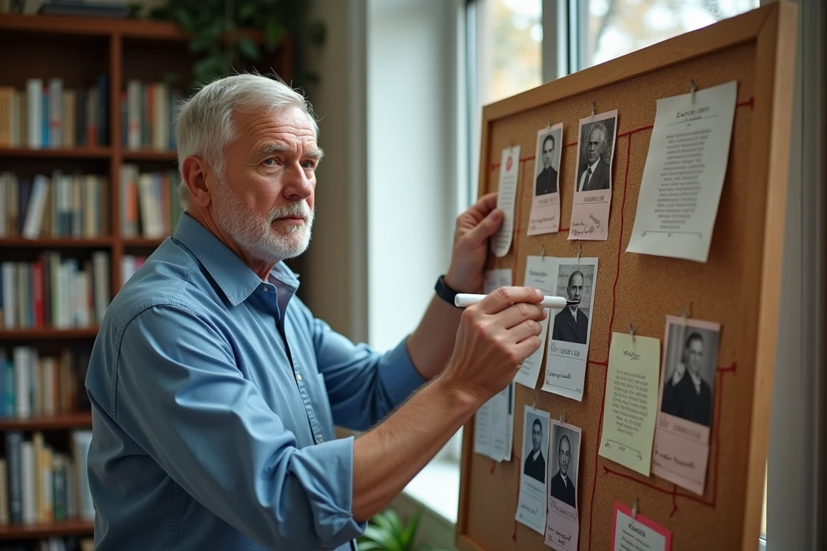 Un historien quinquagénaire analyse un tableau de recherche avec des chronologies et des portraits reliés par des fils rouges dans un bureau universitaire
