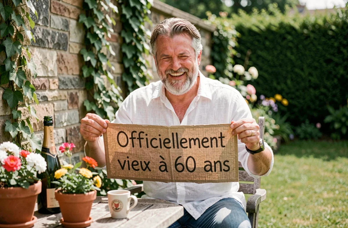 Homme de 60 ans souriant tenant une banderole humoristique dans un jardin avec champagne et fleurs