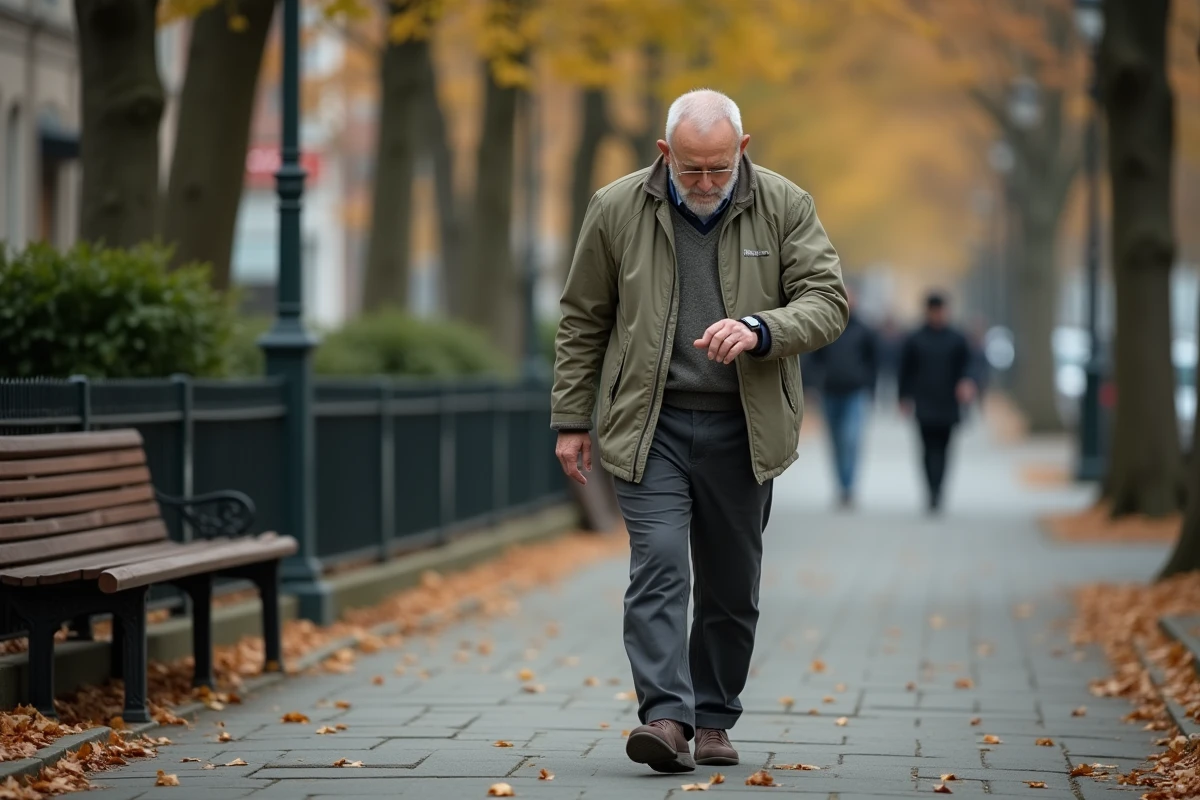 Homme âgé marchant en ville et consultant sa montre connectée GPS en toute autonomie
