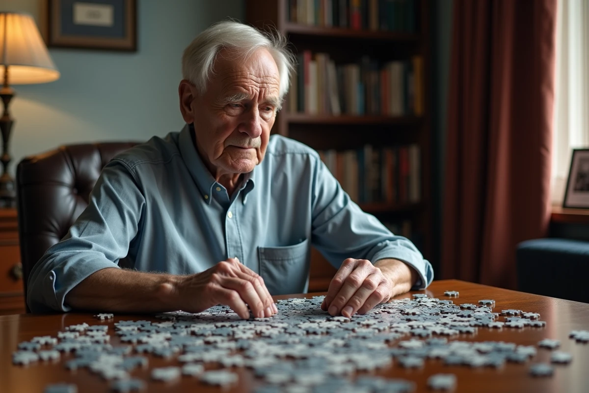 Homme âgé concentré sur un puzzle complexe à son bureau, exercice cognitif bénéfique pour prévenir la perte de mémoire chez les seniors