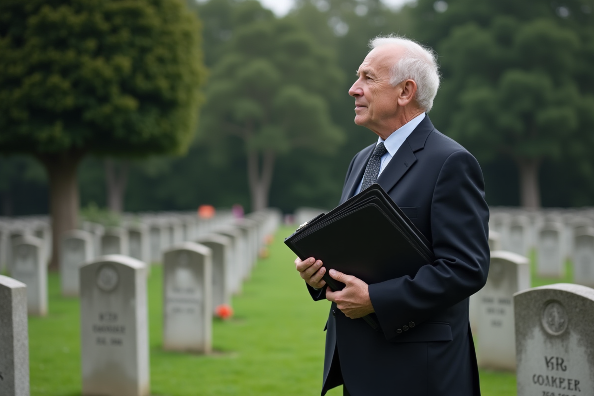Homme âgé en costume dans un cimetière contemplatif
