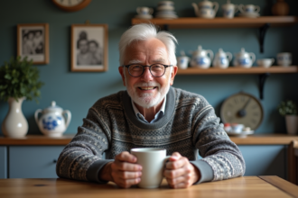 Homme belge âgé souriant tenant une tasse peinte à la main