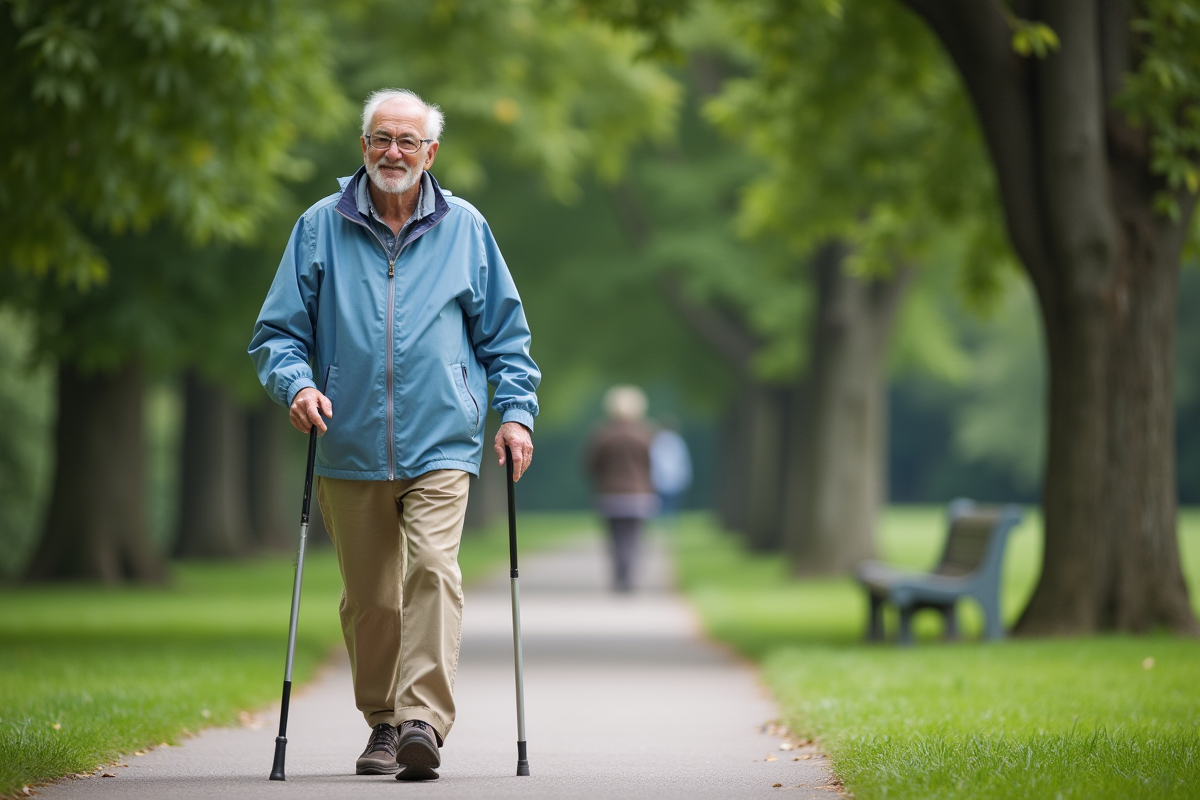 Homme âgé marchant avec une canne dans un parc verdoyant
