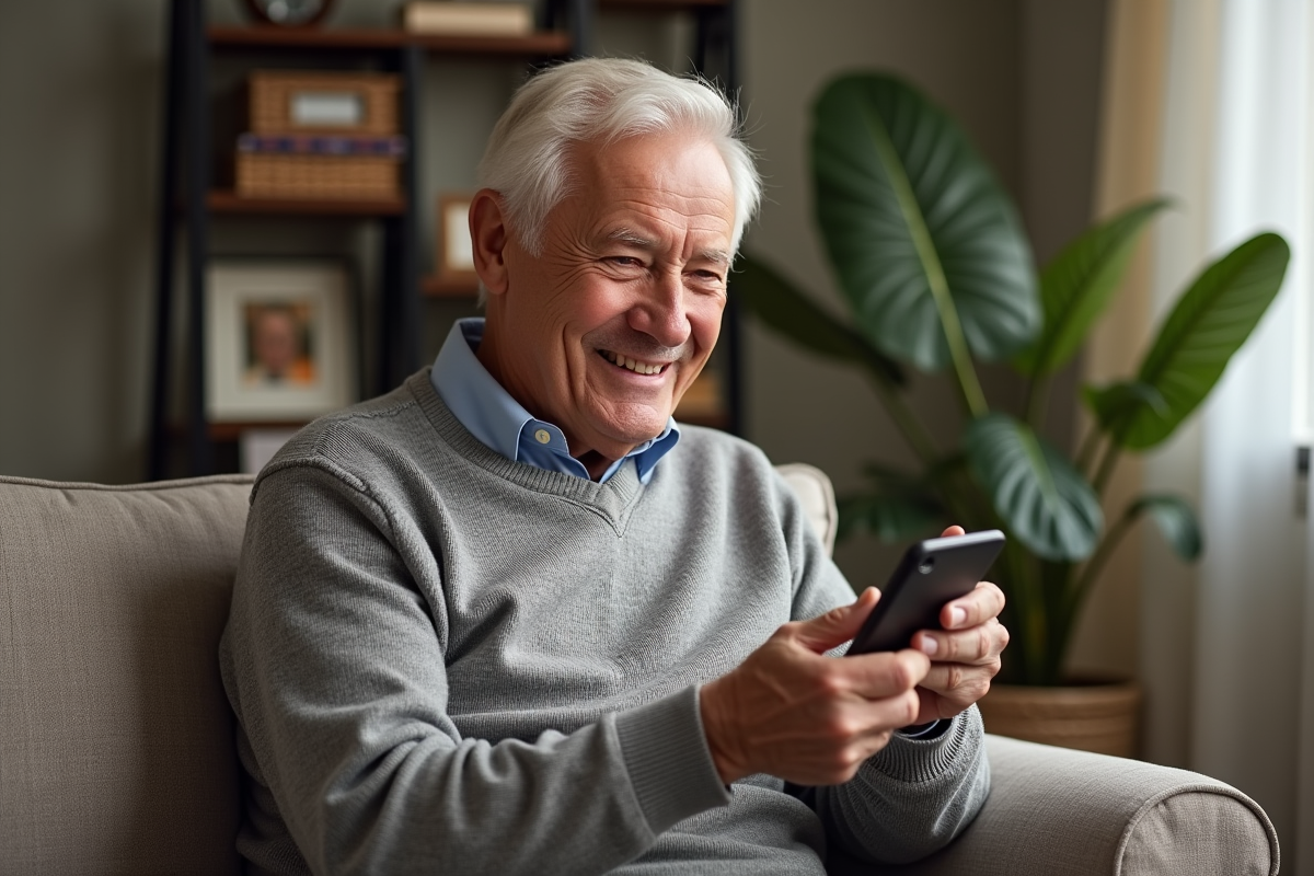 Homme âgé souriant montre le pendent teleassistance dans son salon