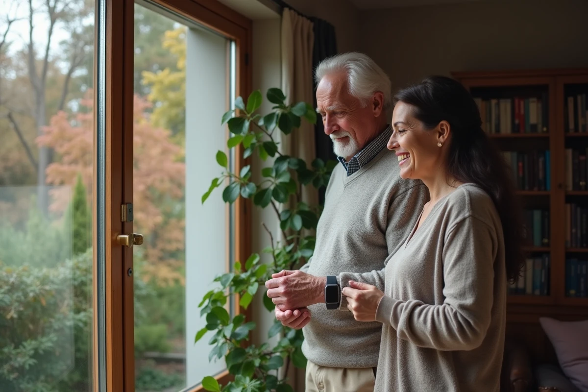 Homme âgé regardant par la fenêtre avec sa fille