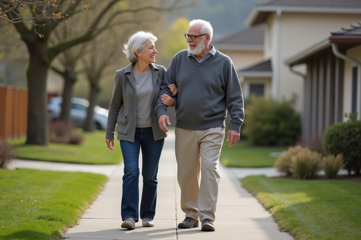 Homme âgé marchant avec soutien dans un quartier résidentiel