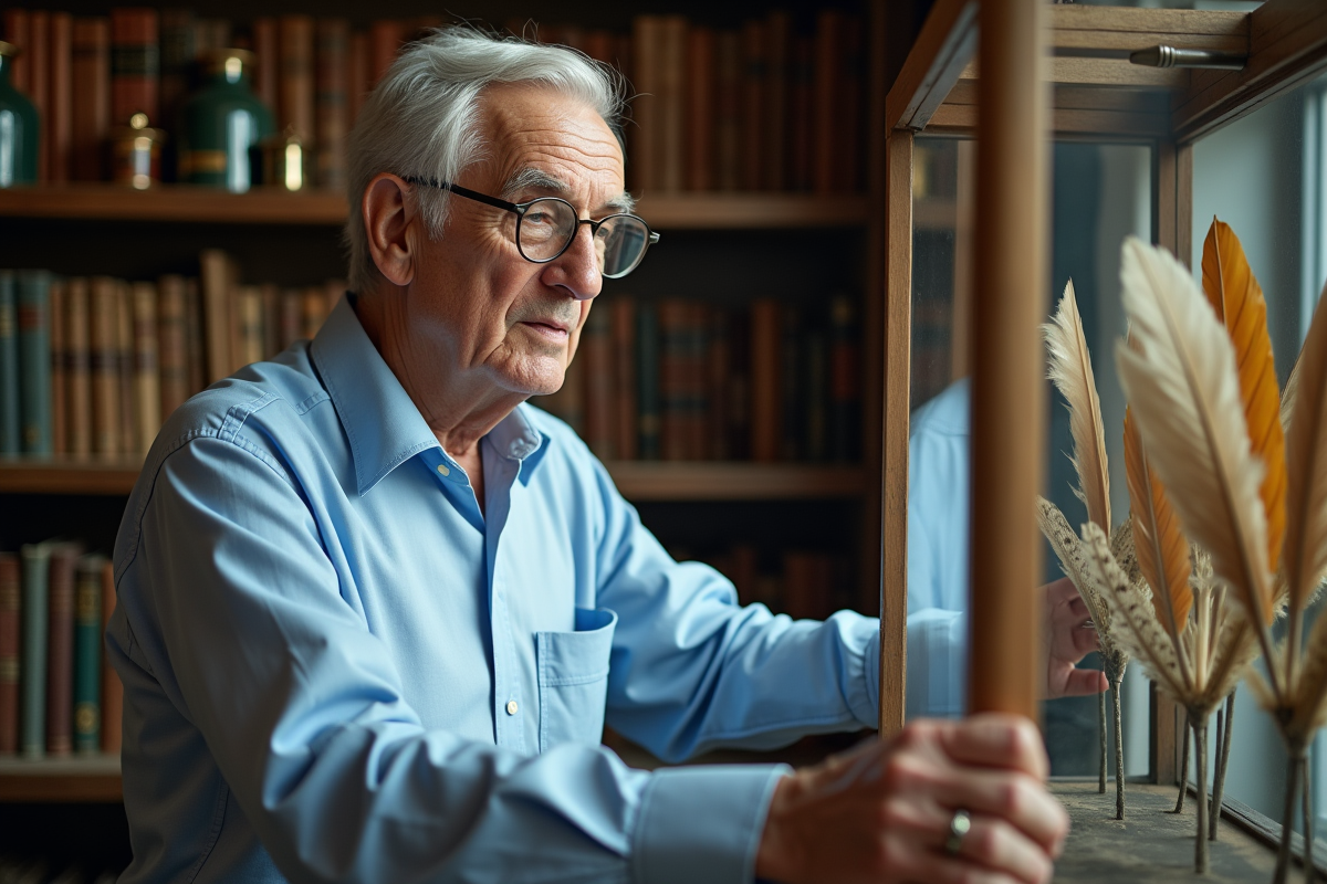 Homme âgé observant des plumes colorées dans une bibliothèque