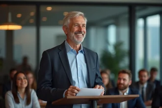 Homme souriant donnant un discours d'adieu en réunion