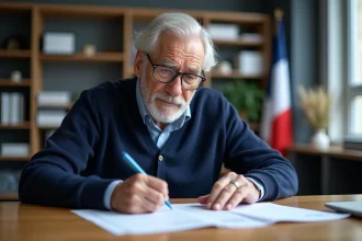 Homme francais agé remplissant papiers dans un bureau moderne