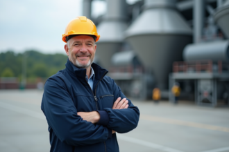 Homme en tenue de sécurité devant une usine d'incineration moderne