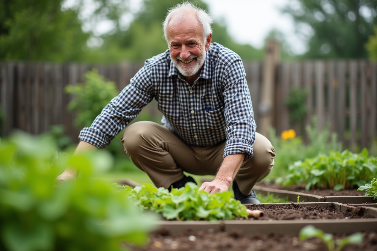 Homme retraité jardinant avec un sourire dans un jardin verdoyant