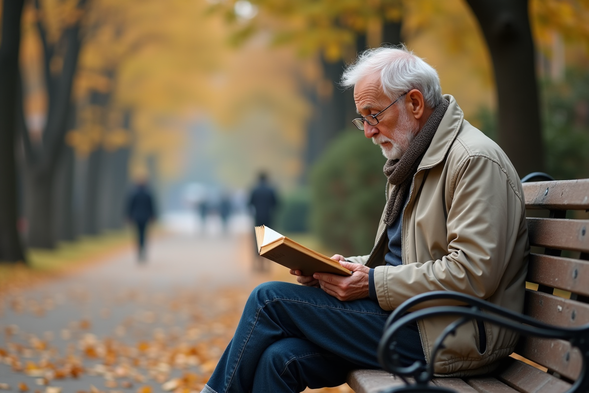 Homme âgé lisant dans un parc en automne