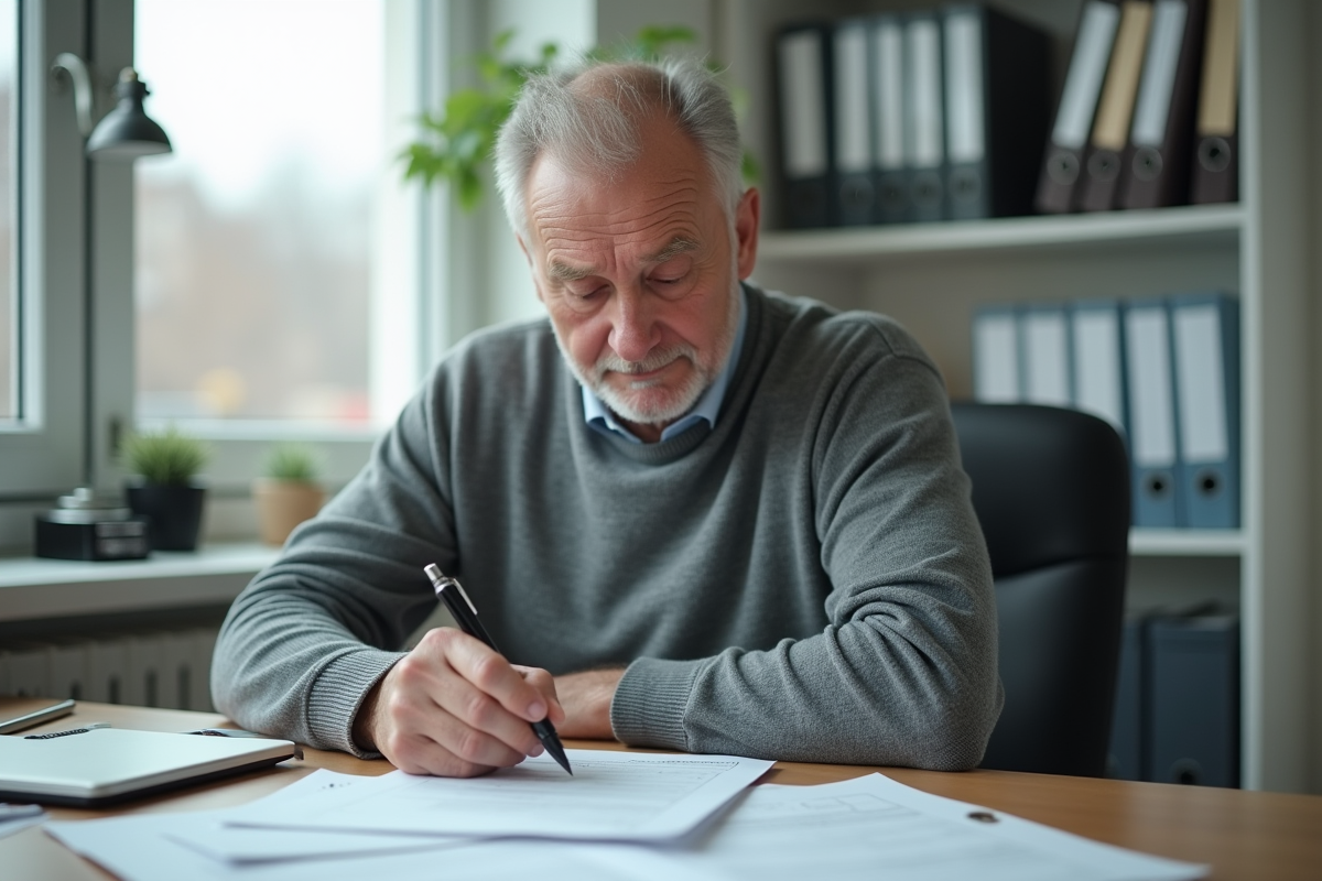 Homme âgé remplissant des formulaires dans un bureau