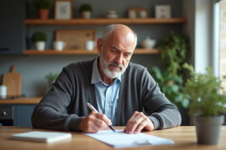 Homme d age moyen examine documents de retraite à la maison