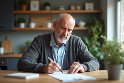 Homme d age moyen examine documents de retraite à la maison