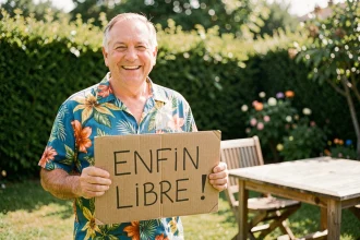 Homme jovial à la retraite tenant une pancarte humoristique 'Enfin libre' dans son jardin